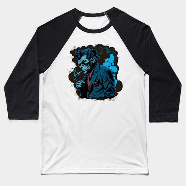 Mafia macaque in Anime Art Style Blue and Black Baseball T-Shirt by Snoe